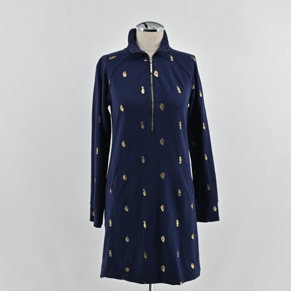 Lilly Pulitzer Skipper Ruffle Dress Womens Size XS Navy Gold Seahorse Cotton